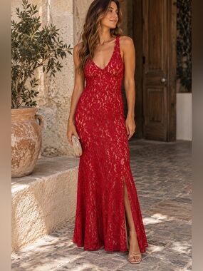 BCBGeneration Red Lace Long Dress Size 2 Formal Wedding Guest Evening